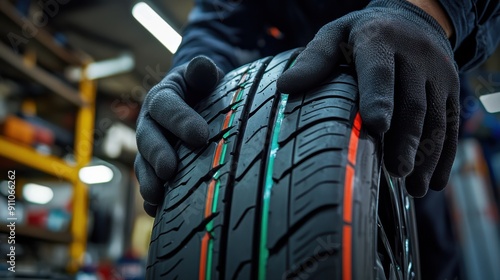 The mechanic handling tire photo