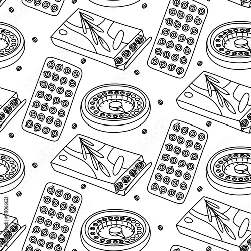 Pattern of the method of contraception for every day. Packaging, blister, container. Flat doodle illustration. Hormonal pills, oral contraceptives in a blister. Birth control and pregnancy prevention.