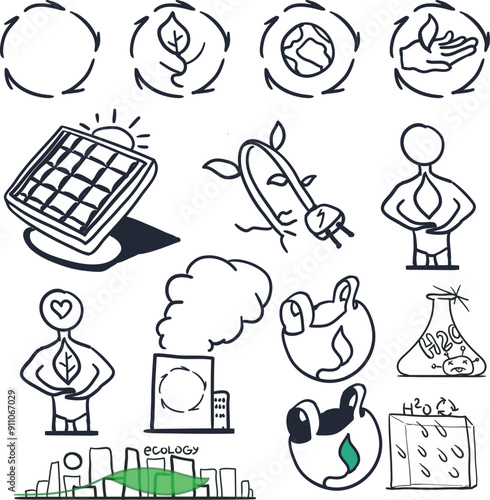 The set consists of icons on the topics of ecology, industry, new technologies and nature.