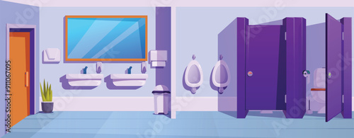 Contemporary public restroom featuring purple stalls, urinals, and a sink area with a mirror, offering a clean and modern aesthetic