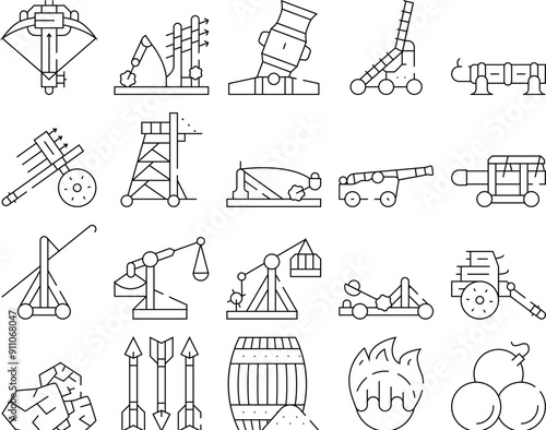 Siege Engine Catapult Collection Icons Set Vector. Ancient Weapon And Cores, Arrow Thrower And Siege Tower, Trebuchet And Hook Destroyer Black Contour Illustrations