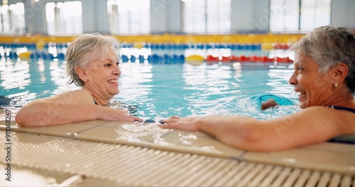 Obraz na plátně Senior people, pool and smile for swimming, wellness and mental health by indoor aquatic facility