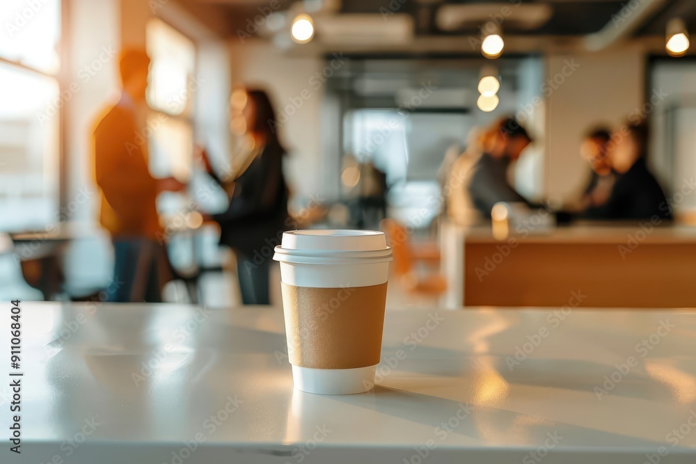 bustling office break room various coffee cups scattered on table foreground blurred office workers chatting and networking in background warm ambient lighting bustling office break room various coffee cups scattered on table foreground blurred office workers chatting and networking in background warm ambient lighting
