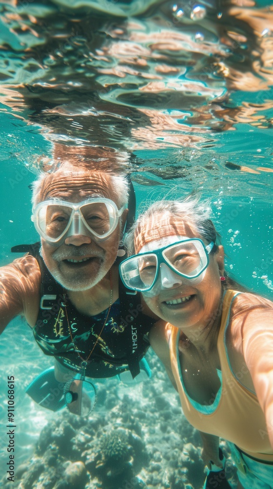 Naklejka premium A happy couple snorkels together, exploring vibrant underwater life in warm, crystal-clear tropical waters