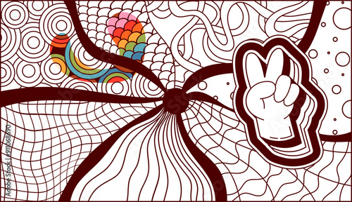 Psychedelic groovy symbol of peace, coloring bw page.