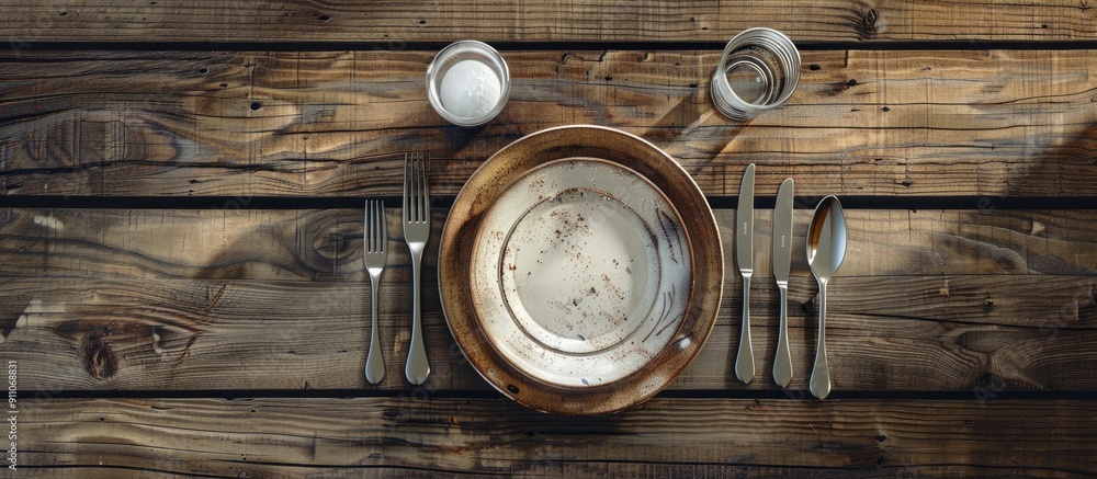 Top down view of an elegant table setting with silverware and dish on a wooden surface Ample room for adding text in the image Top down view of an elegant table setting with silverware and dish on a wooden surface Ample room for adding text in the image