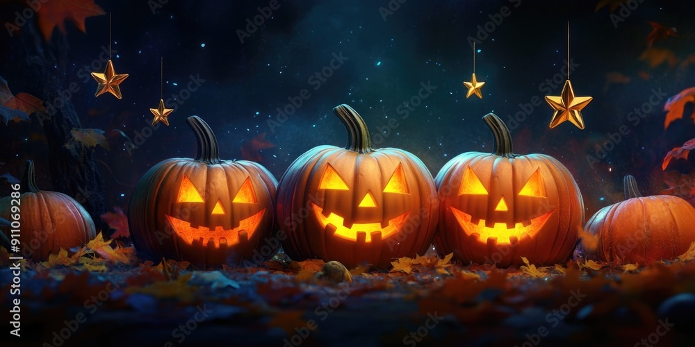 Group of decorative pumpkins resting on autumn leaves, great for fall-themed designs Group of decorative pumpkins resting on autumn leaves, great for fall-themed designs