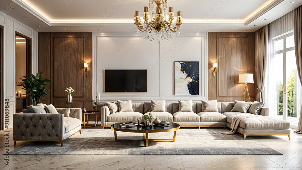 Luxurious bright modern living room and elegant architecture. Closeup ...