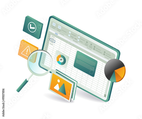 A computer screen with a magnifying glass, calculator, and Excel analytics app