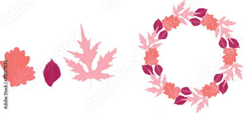 Vintage leaf wreath. Set of oak, birch and maple leaves. Set of simple minimalistic objects. Set of contrasting pink shades of tree leaves. Decorative foliage elements. Autumn leaves on white isolated