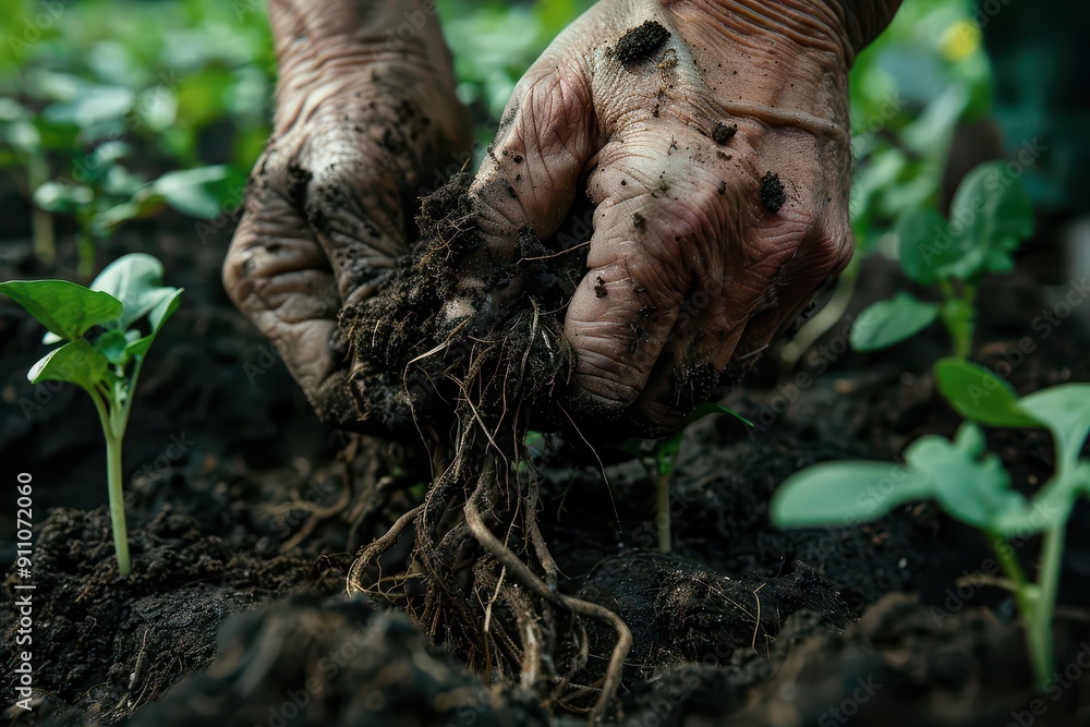 Obraz premium closeup of weathered hands cradling rich dark soil teeming with life roots and seedlings emerging in a sunlit greenhouse