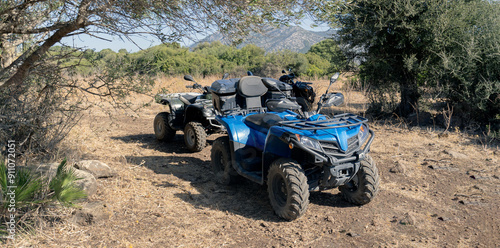 Two-seater quad bikes and passengers take a break from their safari in Dorgali in central Sardinia photo