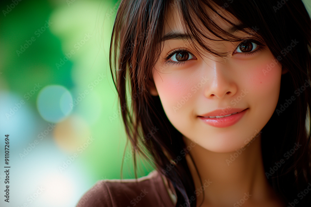 very beautiful japanese woman age20,wearing a brown T-shirt,Smiling. whole photo very beautiful japanese woman age20,wearing a brown T-shirt,Smiling. whole photo