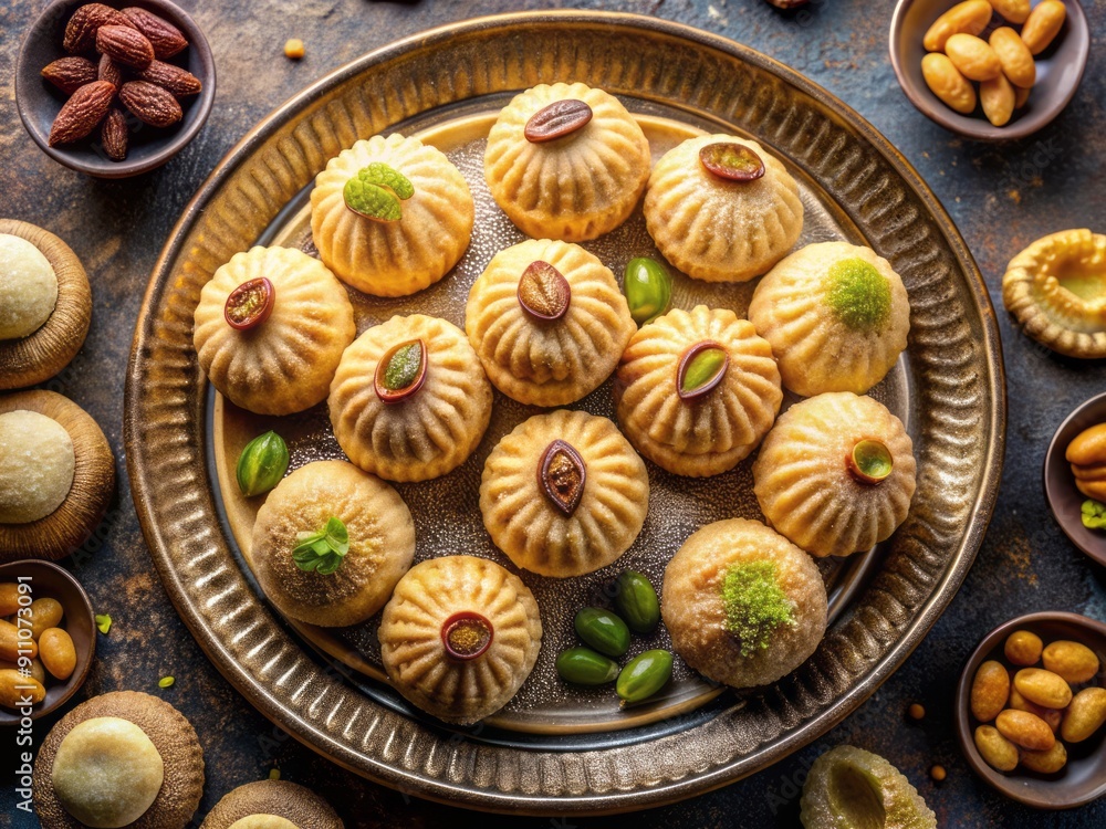 Traditional Middle Eastern Eid cookies, semolina maamoul, filled with dates, walnuts, and pistachios, arranged on a decorative tray, top view. Traditional Middle Eastern Eid cookies, semolina maamoul, filled with dates, walnuts, and pistachios, arranged on a decorative tray, top view.