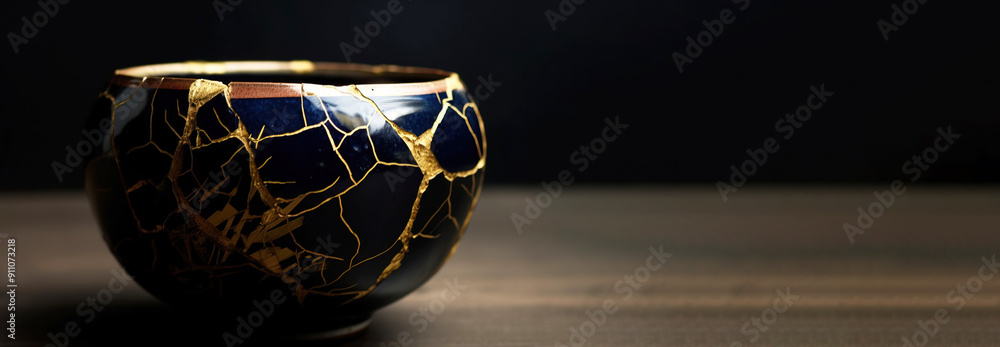 Kintsuki, Japanese pottery. Utensils glued with gold are not concept of constancy, imperfection of world. AI generated. Kintsuki, Japanese pottery. Utensils glued with gold are not concept of constancy, imperfection of world. AI generated.