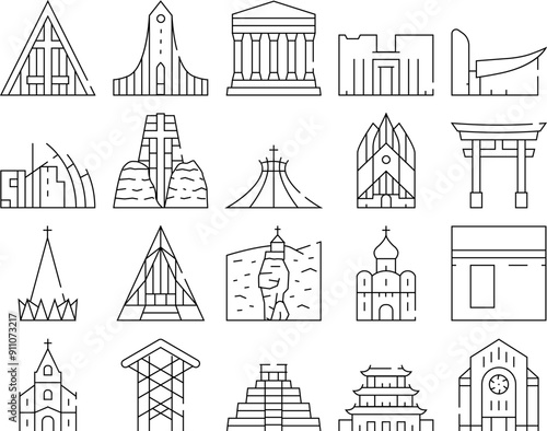 Temple Construction Collection Icons Set Vector. Religion Cathedral And Synagogue, Catholic Chapel And Church, Kaaba And Mayan Temple Religion Building Black Contour Illustrations