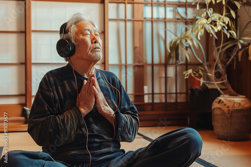 Meditation,elderly man meditates at home,Mental health,Healing meditations,Self-care,Self-love. 