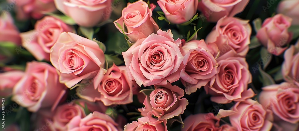 A close up image of a bouquet of pink roses in a florist setting with copy space image A close up image of a bouquet of pink roses in a florist setting with copy space image