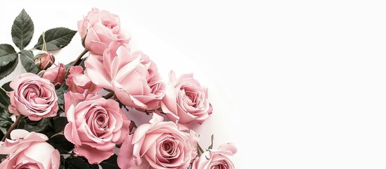 Pink roses arranged in a corner with copy space image against a white backdrop