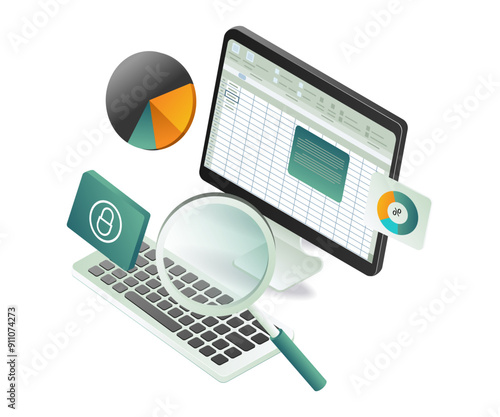A computer, laptop, and magnifying glass displayed together, symbolizing analysis and data examination in an xls format