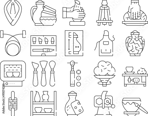Pottery Production Collection Icons Set Vector. Pottery Finished Products And Clay Rolling Machine, Roasting Chamber And Screw Extruder Black Contour Illustrations