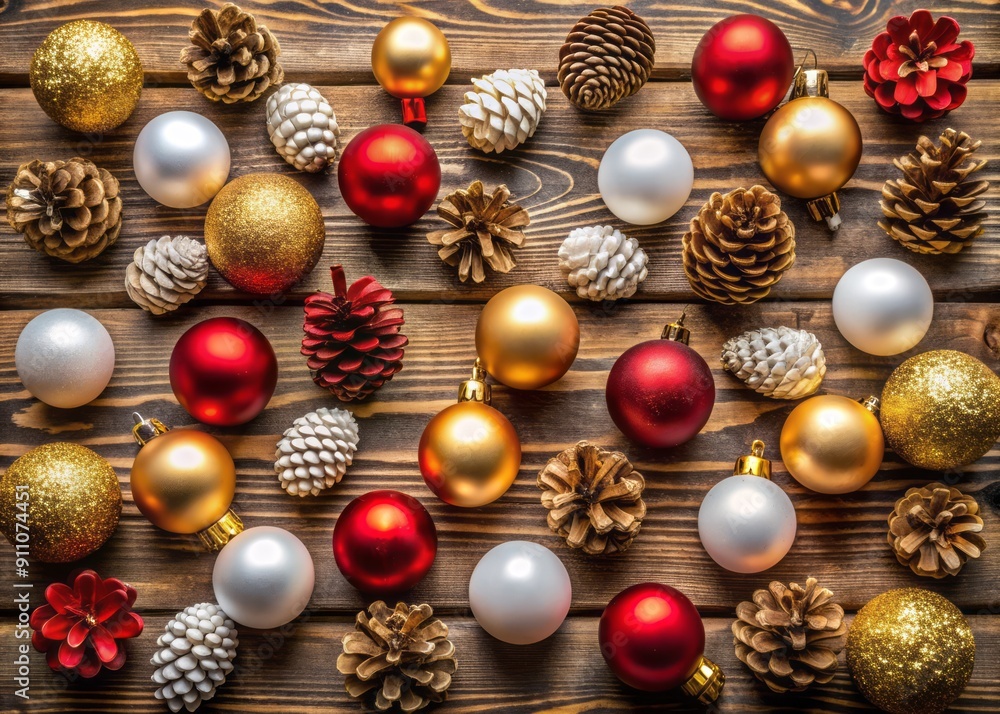 Vibrant red, golden, and white Christmas ornaments scattered among rustic pine cones on a natural wooden background, top view composition. Vibrant red, golden, and white Christmas ornaments scattered among rustic pine cones on a natural wooden background, top view composition.