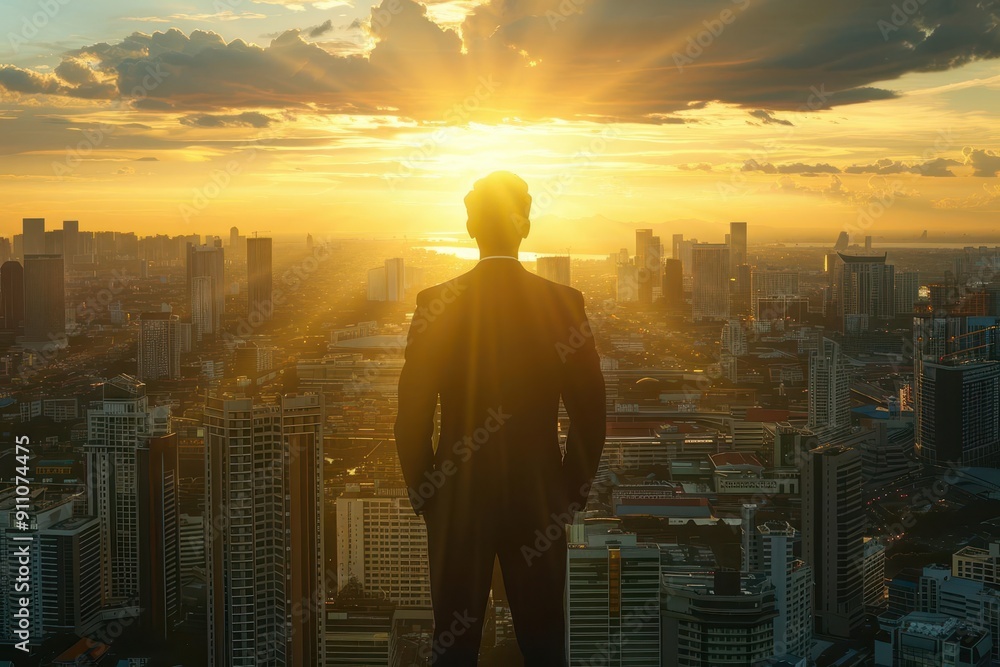 confident businessman contemplating future success against backdrop of golden sunset over modern cityscape warm lighting and upward camera angle convey optimism and ambition confident businessman contemplating future success against backdrop of golden sunset over modern cityscape warm lighting and upward camera angle convey optimism and ambition
