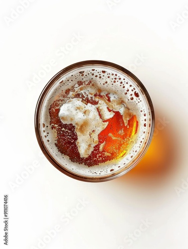 Top view of a glass of beer with foam in the shape of a earth map photo