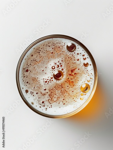 Top view of a glass of beer with foam and bubbles photo