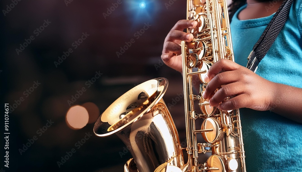 Obraz premium Kid playing on Saxophone Child playing an instrument.