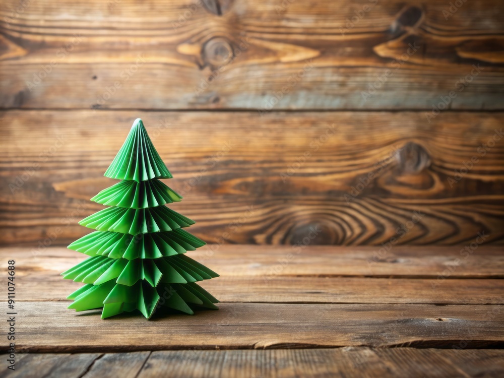 Minimalist festive decoration featuring a small paper green Christmas tree on a rustic wooden table surrounded by empty space. Minimalist festive decoration featuring a small paper green Christmas tree on a rustic wooden table surrounded by empty space.