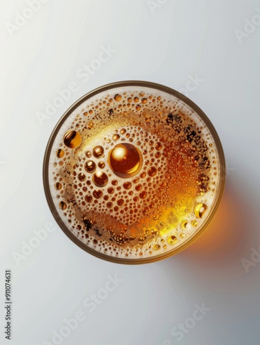 Top view of a glass of beer with foam and bubbles photo