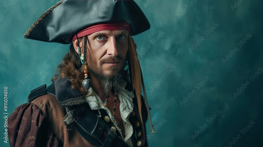 A Portrait of a Pirate with a Black Tri-Cornered Hat and Red Bandana A Portrait of a Pirate with a Black Tri-Cornered Hat and Red Bandana