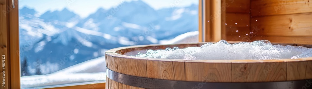 Wooden hot tub with mountain view, relaxing spa experience. Wooden hot tub with mountain view, relaxing spa experience.