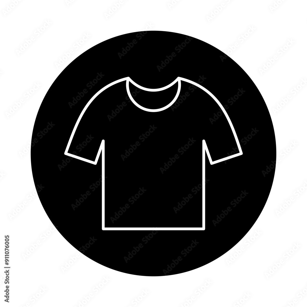 T-shirt vector icon, white outline design with black circle background.