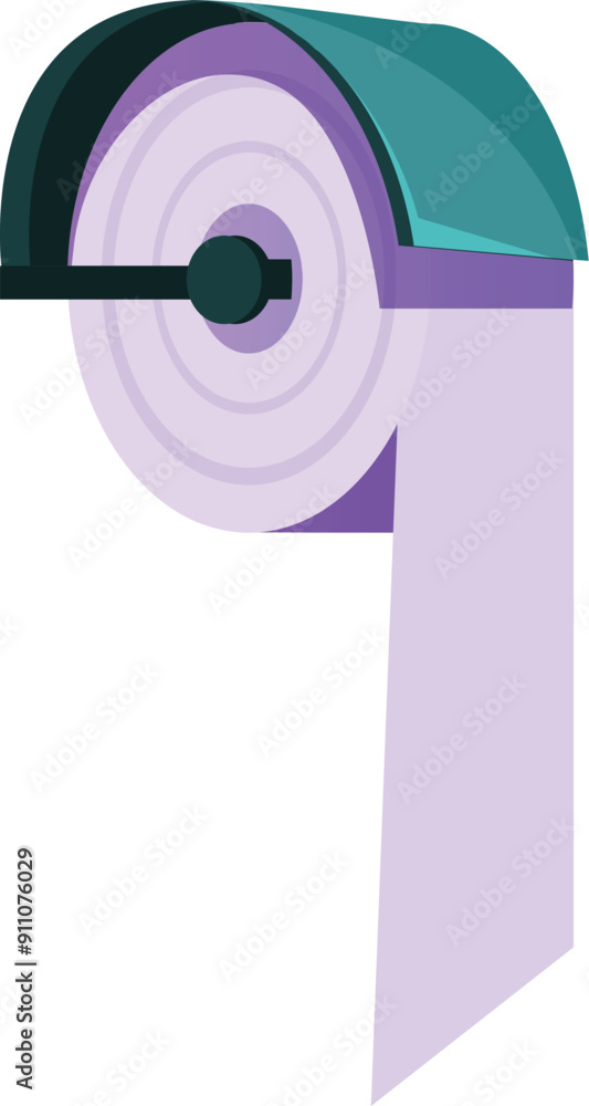 Cartoon style icon of a roll of purple toilet paper hanging on a holder Cartoon style icon of a roll of purple toilet paper hanging on a holder
