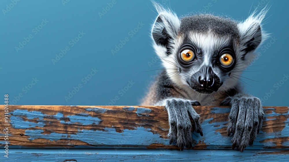 Fototapeta premium Curious Lemur Peeking Over a Blue Plank