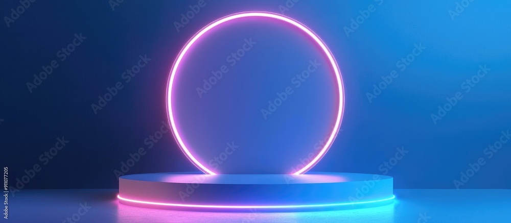 3D Circular Podium with Neon Ring on Blue Background for Technology Product Display and Mockup Showcase 3D Circular Podium with Neon Ring on Blue Background for Technology Product Display and Mockup Showcase