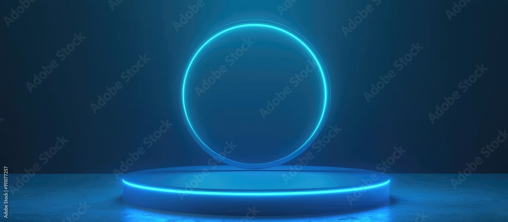 3D blue podium illuminated by a glowing neon circle in a dim environment technology concept product display mockup showcase setting 3D blue podium illuminated by a glowing neon circle in a dim environment technology concept product display mockup showcase setting