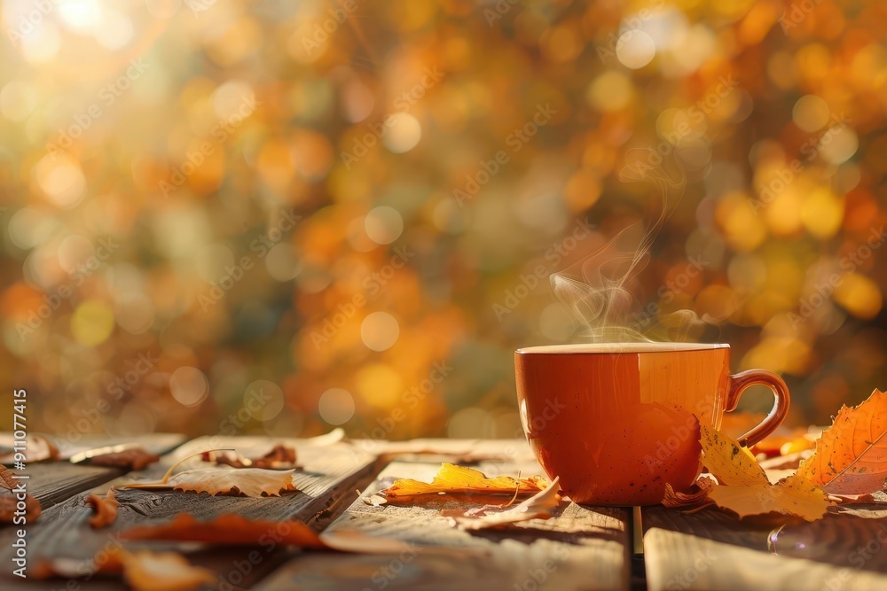 cozy autumnal moment steaming coffee cup on rustic wooden table blurred background of warm fall colors inviting atmosphere capturing essence of seasonal comfort and reflection cozy autumnal moment steaming coffee cup on rustic wooden table blurred background of warm fall colors inviting atmosphere capturing essence of seasonal comfort and reflection