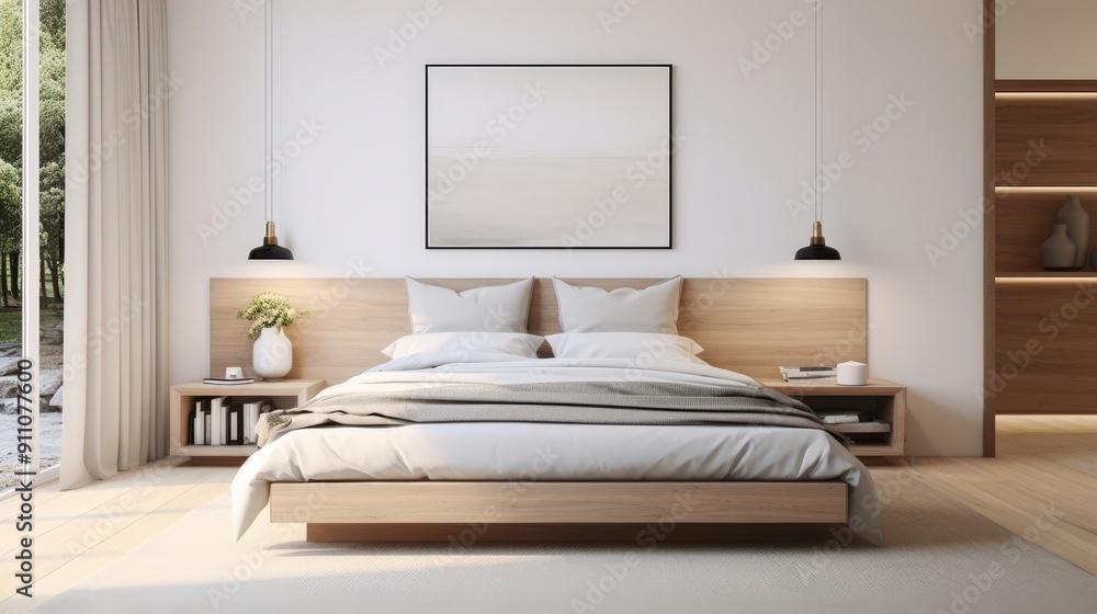 Minimalist Bedroom with Wooden Bed, White Bedding and Natural Light Minimalist Bedroom with Wooden Bed, White Bedding and Natural Light