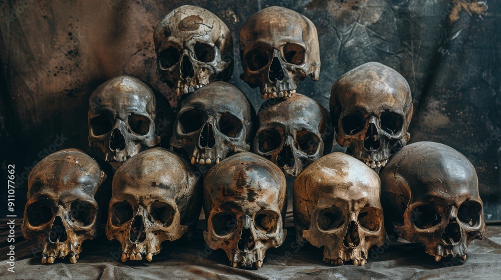 A pile of human skulls lying on top of each other A pile of human skulls lying on top of each other