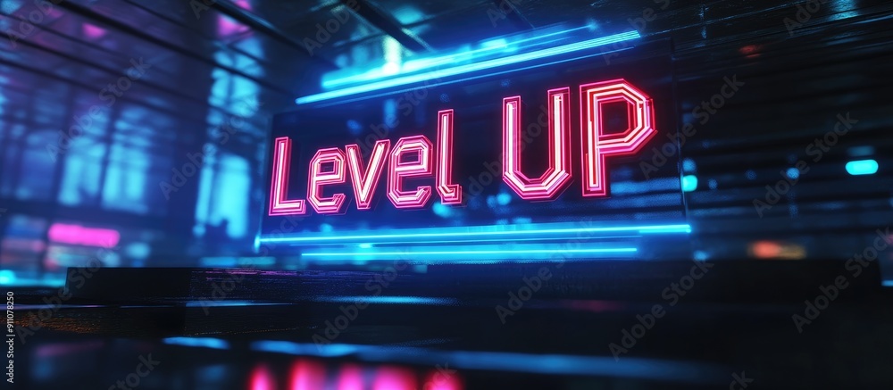 3D Rendered Level Up Text with Glitch Effects and Technological Interference 3D Rendered Level Up Text with Glitch Effects and Technological Interference