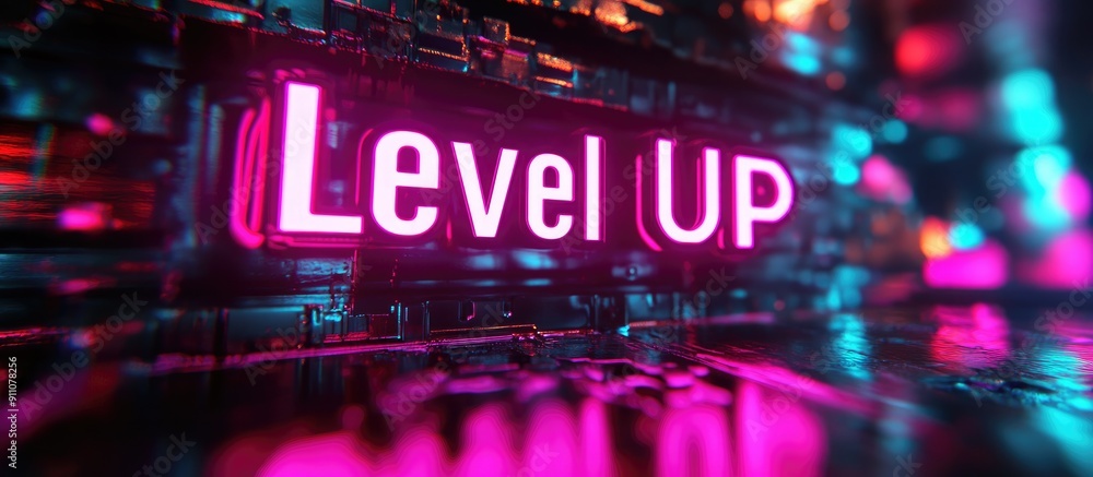 3D Rendered Level Up Text with Glitch Effects and Technological Interference 3D Rendered Level Up Text with Glitch Effects and Technological Interference