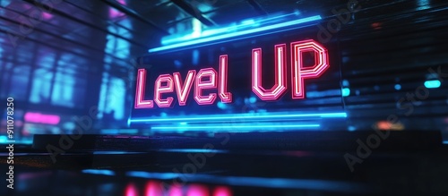 3D Rendered Level Up Text with Glitch Effects and Technological Interference