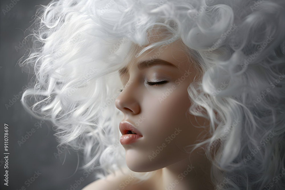 Portrait of beautiful woman with white fluffy cloud-like hair and closed eyes in front of gray background Portrait of beautiful woman with white fluffy cloud-like hair and closed eyes in front of gray background