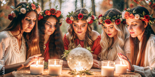 Women Gathering Around Crystal Ball in Forest Celebrating Mystical Ritual with Flowers and Candles