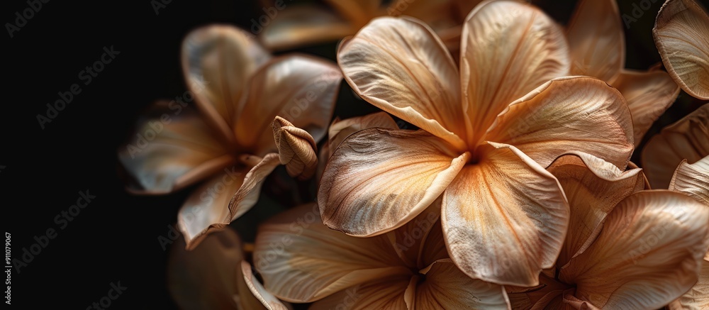 Close up image showcasing a group of dried frangipani flowers with copy space image Close up image showcasing a group of dried frangipani flowers with copy space image
