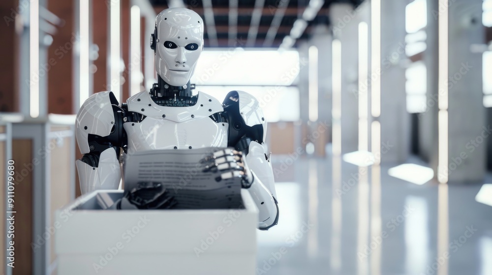 Futuristic Robot with Document in Modern Office Space Futuristic Robot with Document in Modern Office Space