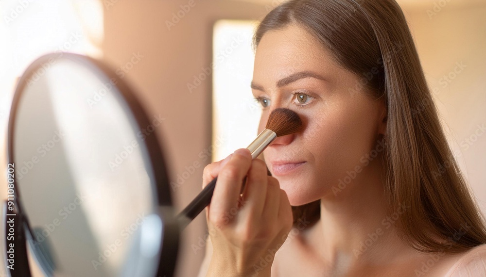 Person applying makeup in front of a mirror, representing beauty, cosmetics, and personal grooming. Person applying makeup in front of a mirror, representing beauty, cosmetics, and personal grooming.